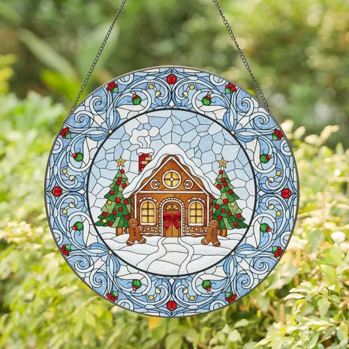 Snow-covered Gingerbread House Christmas Trees - Holiday Decor Gift for Home Stained Glass Suncatcher