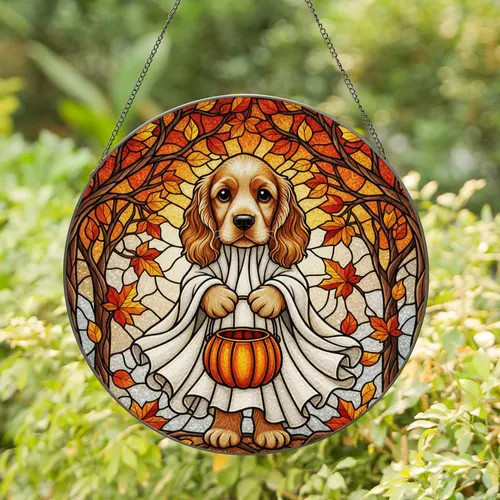 Cocker Spaniel Ghost Puppy Floppy Ears Halloween Pumpkin Fall Leaves Branches - Autumn Decor Gift Stained Glass Suncatcher