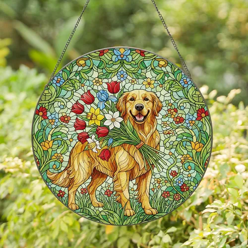 Golden Retriever Dog Assorted Spring Flowers Meadow Home Decor Gift for Dog Lovers Stained Glass Suncatcher