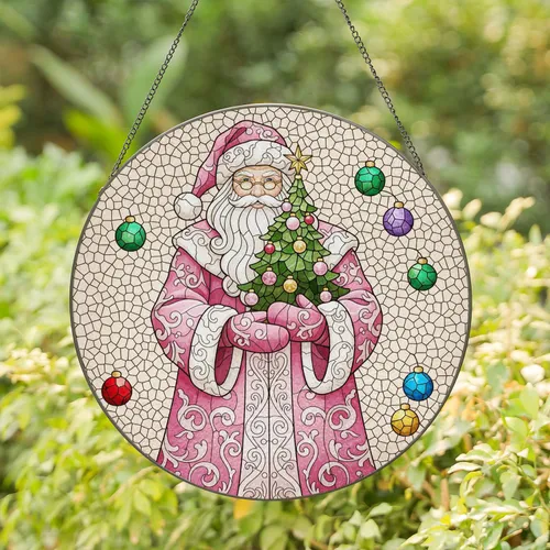 Santa Claus Spectacles Christmas Tree Ornaments - Christmas Decor Gift for Family Stained Glass Suncatcher
