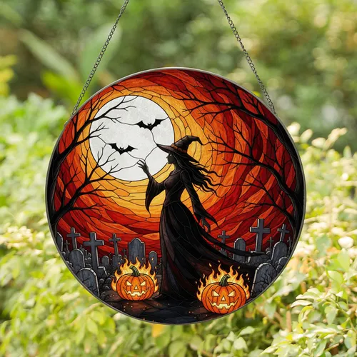Witch Pointed Hat Full Moon Graveyard Bats Jack-o'-lanterns Gnarled Trees - Halloween Home Decor Gift Stained Glass Suncatcher