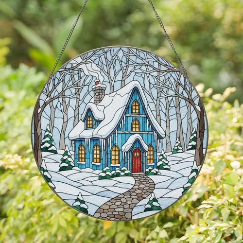 Snowy Blue House Glowing Windows Winter Forest - Winter Home Decor Gift Stained Glass Suncatcher