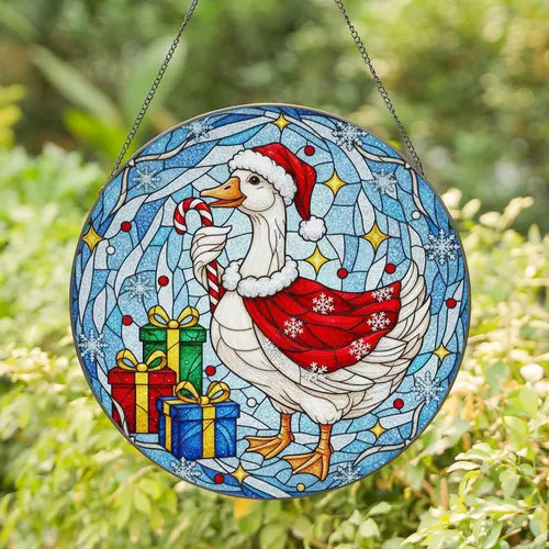 White Goose Red Cape Santa Hat Candy Cane Presents Snowflakes - Holiday Home Decor Gift Stained Glass Suncatcher