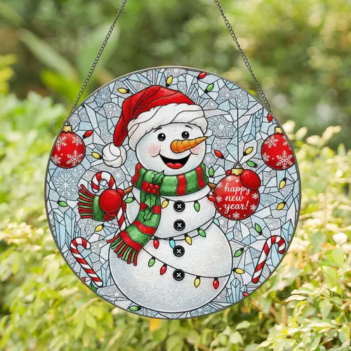 Snowman Santa Hat Candy Cane Ornament Snowflakes - Christmas New Year Holiday Decor Gift Stained Glass Suncatcher