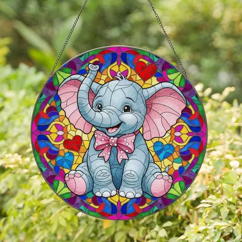 Baby Elephant Pink Polka Dot Ears Bow Tie Hearts - Home Decor Gift for Elephant Lover Stained Glass Suncatcher