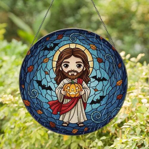 Brown-Haired Chibi Jesus Jack-O-Lantern Bats Leaves Autumn Halloween Decor Stained Glass Suncatcher