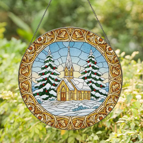 Snowy Church Evergreen Winter Landscape - Christmas Holiday Home Decor Gift Stained Glass Suncatcher