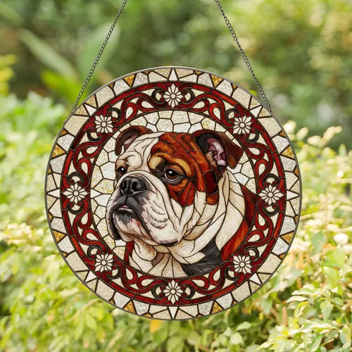 Loyal Bulldog Portrait Scrollwork Starburst - Pet Owner Home Decor Gift Stained Glass Suncatcher