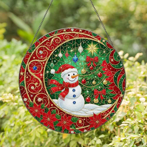 Cheerful Snowman Christmas Tree Red Moon Poinsettia - Christmas Holiday Gift Stained Glass Suncatcher