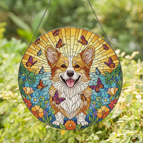 Pembroke Corgi Dog Butterflies Flowers - Home Decor Gift for Dog Lovers Stained Glass Suncatcher