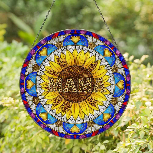 MAMA Leopard Sunflower Golden Heart Script Mosaic - Mother's Day Gift for Mom Stained Glass Suncatcher
