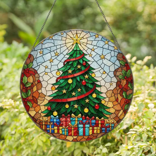 Christmas Tree Golden Star Gift Boxes Festive Foliage - Christmas Gift Stained Glass Suncatcher