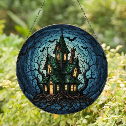 Gothic Haunted House Twisted Trees Flying Bats - Halloween Decor Gift for Gothic Homes Stained Glass Suncatcher