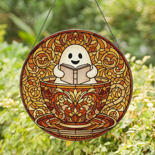 Luminous Ghost Reading Book Teacup - Autumnal Decor Gift for Bookworms Stained Glass Suncatcher