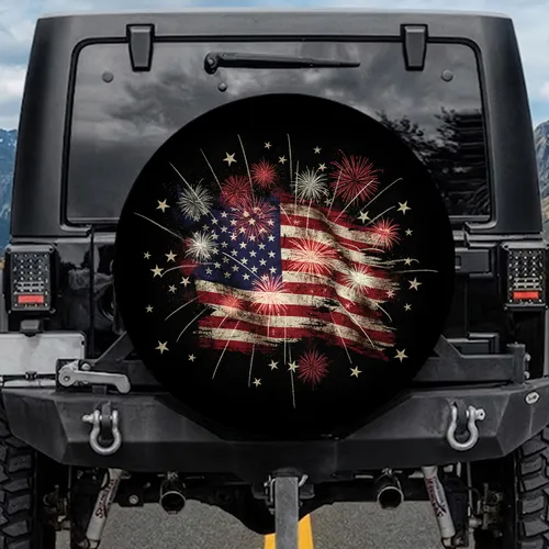 Distressed American Flag Fireworks Celebration - Independence Day Gift for Veterans Spare Tire Cover