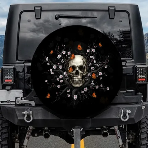 Dark Skull Butterfly Cherry Blossoms Tree Branches - Nature Lover Decor Gift Spare Tire Cover