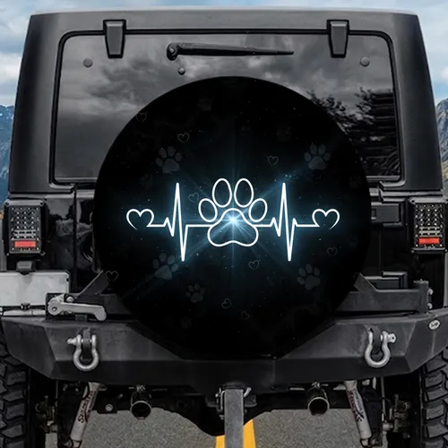 White Paw Print Heartbeat Heart Cosmic Sky - Pet Lover Gift Spare Tire Cover
