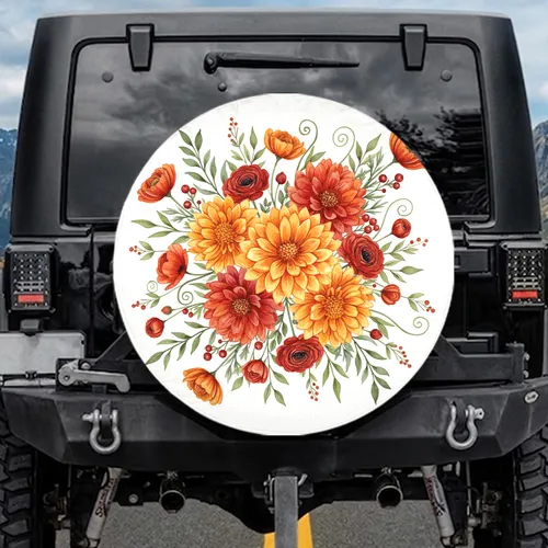 Lush Botanical Marigold Dahlia Chrysanthemum Floral - Garden Lover Gift Spare Tire Cover