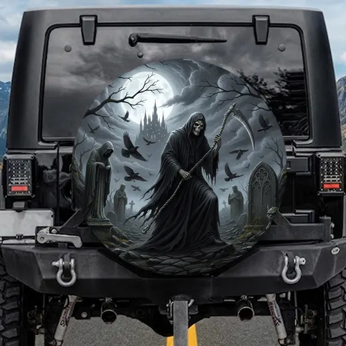 Grim Reaper Scythe Gothic Castle Full Moon - Halloween Party for Horror Lover Spare Tire Cover