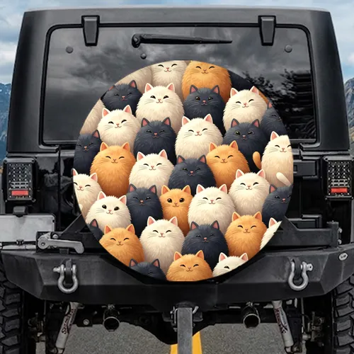 Fluffy Cartoon Cats Gathering Endearing Expressions - Pet Lover Car Decor Gift Spare Tire Cover