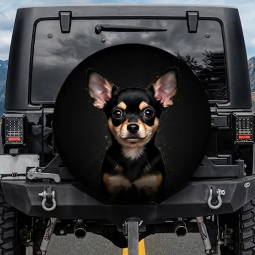 Black Tan Chihuahua Puppy Large Expressive Eyes Deep Black Background - Chihuahua Lover Gift Spare Tire Cover