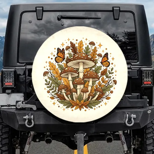 Mushrooms Monarch Butterflies Autumn Leaves - Fall Decor Gift Spare Tire Cover