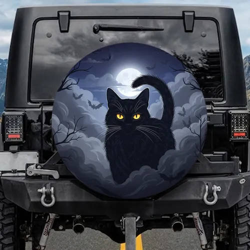 Black Cat Moon Mist Night - Home Decor Gift for Cat Lover Spare Tire Cover