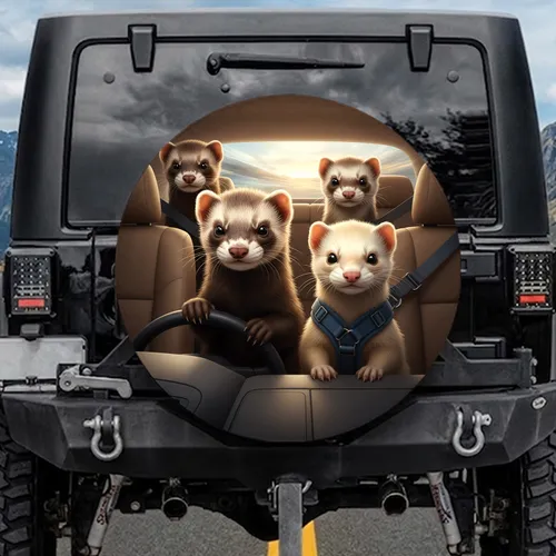 Four Ferrets Driving Car - Pet Lover Gift for Ferret Owners Spare Tire Cover