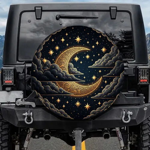 Golden Crescent Moon Dark Clouds Stars Stardust Midnight Sky - Moon Lover Gift Spare Tire Cover