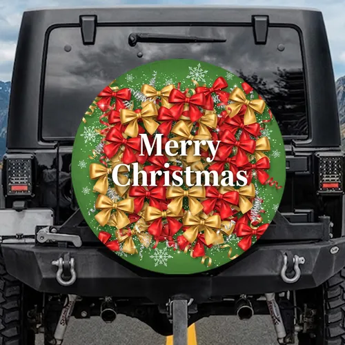 Red Gold Bows Merry Christmas Snowflakes - Winter Holiday Gift Spare Tire Cover