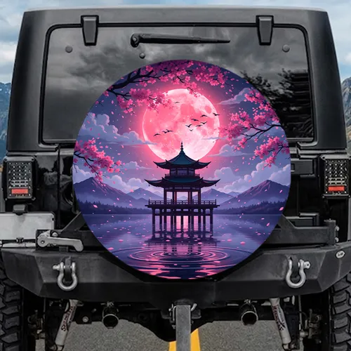 Japanese Pagoda Full Moon Cherry Blossom - Travel Essentials Fantasy Lover Gift Spare Tire Cover