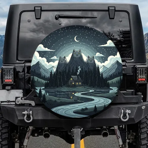 Warm Lit Cabin Evergreen Mountain Lake Starry Night - Travel Essentials Gift Spare Tire Cover