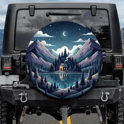 House Cat Mountain Peaks River Crescent Moon Starry Sky Pine Trees - Outdoor Decor Gift Spare Tire Cover