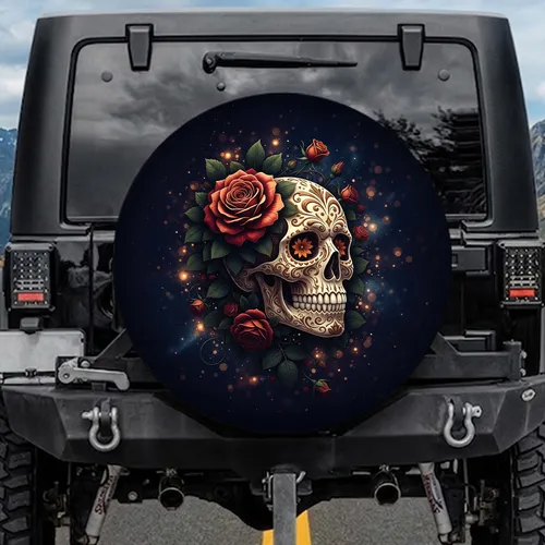 Sugar Skull Rose Floral Night Sky - Day of the Dead Gift Spare Tire Cover