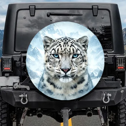 Majestic Snow Leopard Face Ice Blue Eyes - Rugged Mountain Wildlife Adventure Lover Gift Spare Tire Cover