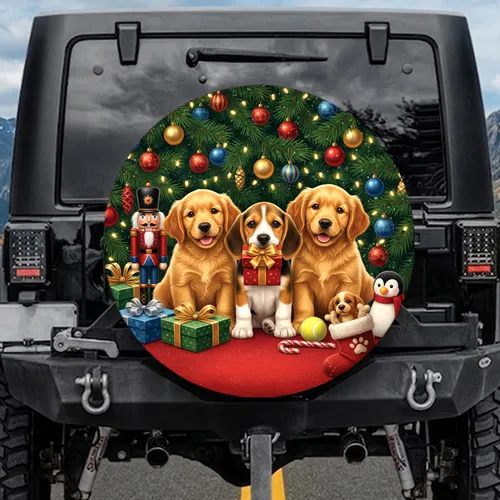 Three Puppies Christmas Presents Nutcracker - Christmas Gift for Dog Lover Spare Tire Cover