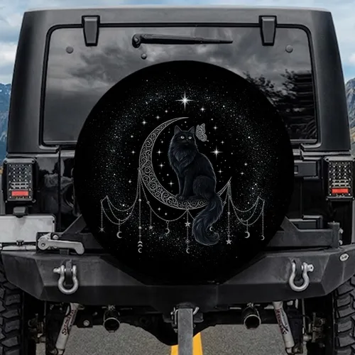 Black Cat Crescent Moon Stars Butterfly Celestial - Home Decor Gift for Cat Lover Spare Tire Cover