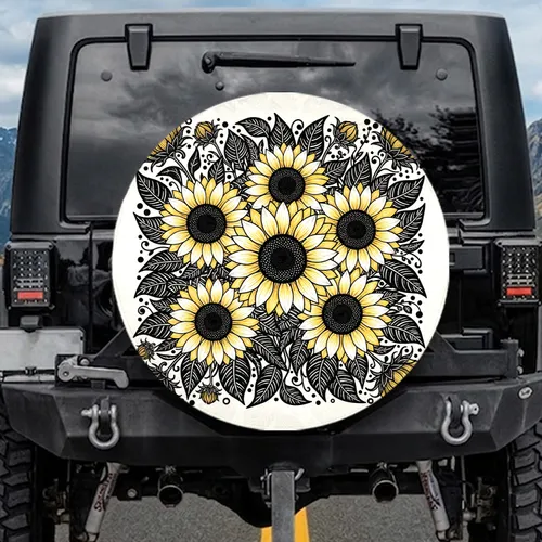 Full Bloom Sunflowers Leaves Black Yellow White - Outdoor Decor Gift for Garden Lover Spare Tire Cover