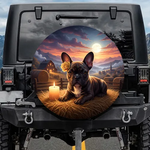 Brindle French Bulldog Puppy Golden Hay Barn Village Moon - Farmhouse Home Decor Gift Spare Tire Cover