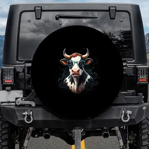 Confident Patched Fur Cow with Teal Glasses - Farmhouse Decor Cow Lover Gift Spare Tire Cover
