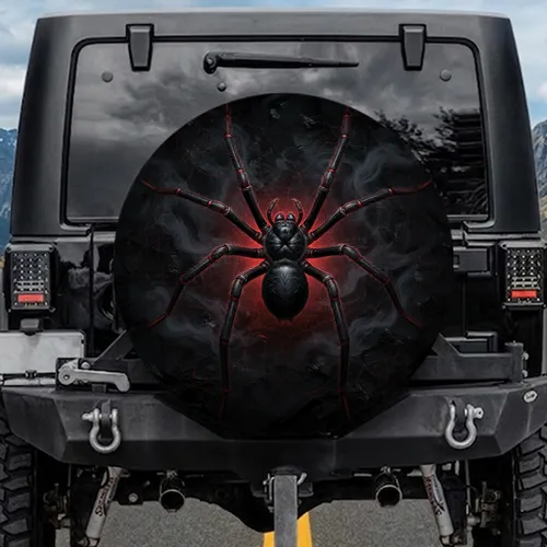 Black Spider Glowing Red Lines - Wildlife Lover Vehicle Decor Gift Spare Tire Cover