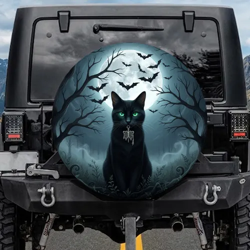 Black Cat Skeleton Charm Moon Bats - Halloween Decor for Cat Lovers Spare Tire Cover
