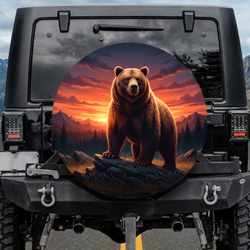 Grizzly Bear Forest Silhouette Wilderness Sunset - Wildlife Lover Gift Spare Tire Cover