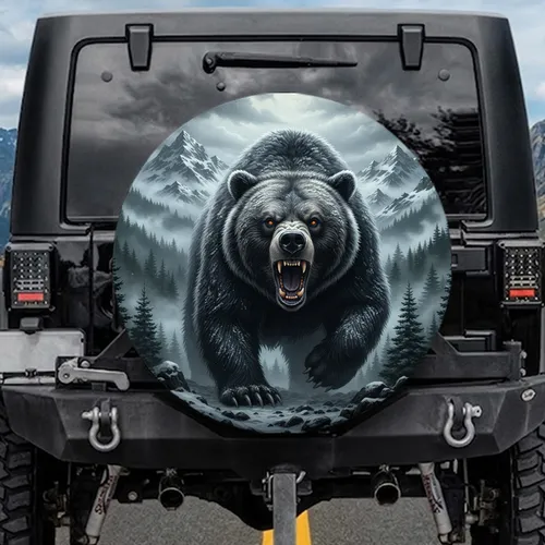 Charging Grizzly Bear Mountain Landscape - Wildlife Lover Gift Spare Tire Cover
