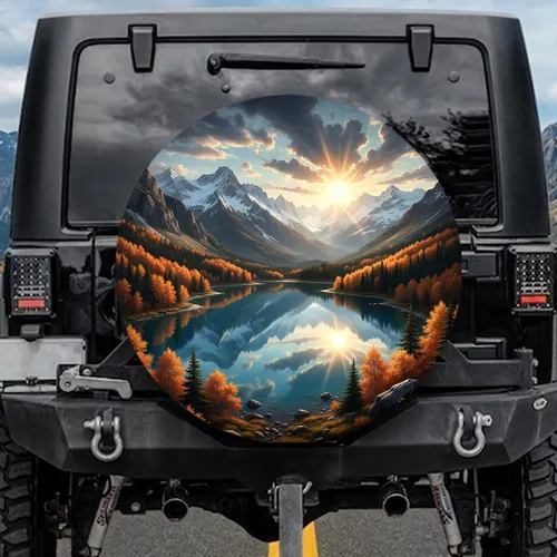 Autumn Mountain Lake Reflection Sunbeams - Outdoor Adventure Gift Spare Tire Cover