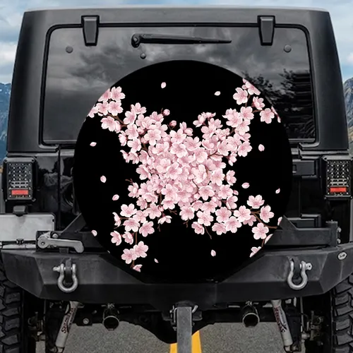 Elegant Pink Cherry Blossoms Brown Branches Black Background - Home Decor Gift Spare Tire Cover