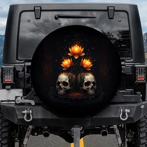 Vibrant Lotus Skulls Fiery Ember - Dark Fantasy Home Decor Gift Spare Tire Cover