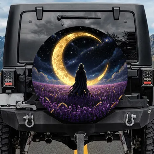 Cloaked Figure Golden Moon Lavender Field Cosmic Stars - Outdoor Adventure Gift Spare Tire Cover