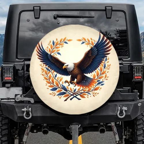 White Head Flying Eagle Intertwined Laurel Branches - Outdoor Wildlife Lover Gift Spare Tire Cover