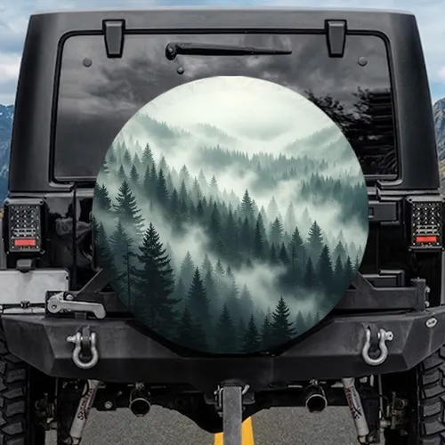 Misty Evergreen Mountain Forest - Outdoor Adventure Travel Gift Spare Tire Cover